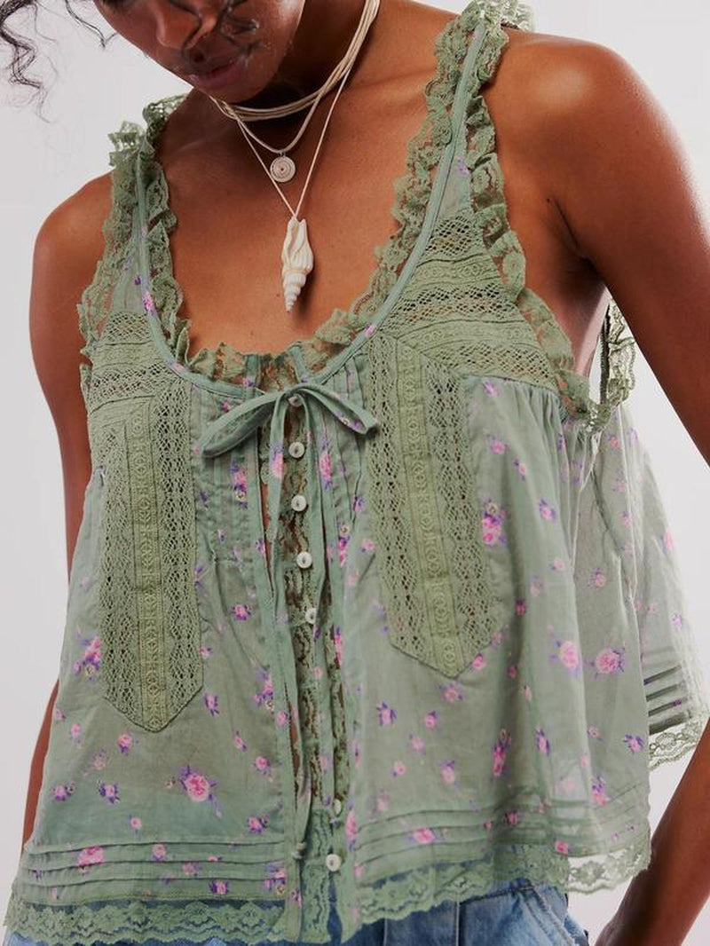 Women'S Plain Lace Trim Tie Front Tank Top, Casual Elegant Sleeveless Top for Spring & Fall, Ladies Clothes for Daily Wear