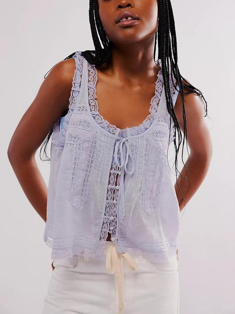 Women'S Plain Lace Trim Tie Front Tank Top, Casual Elegant Sleeveless Top for Spring & Fall, Ladies Clothes for Daily Wear