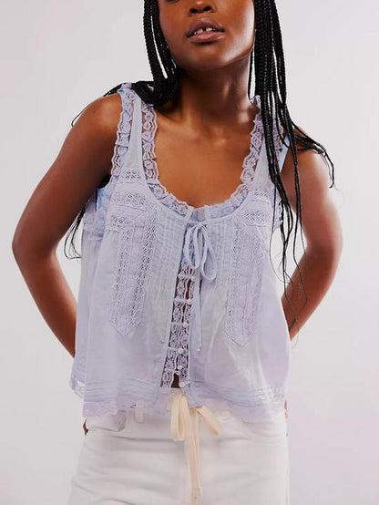 Women'S Plain Lace Trim Tie Front Tank Top, Casual Elegant Sleeveless Top for Spring & Fall, Ladies Clothes for Daily Wear
