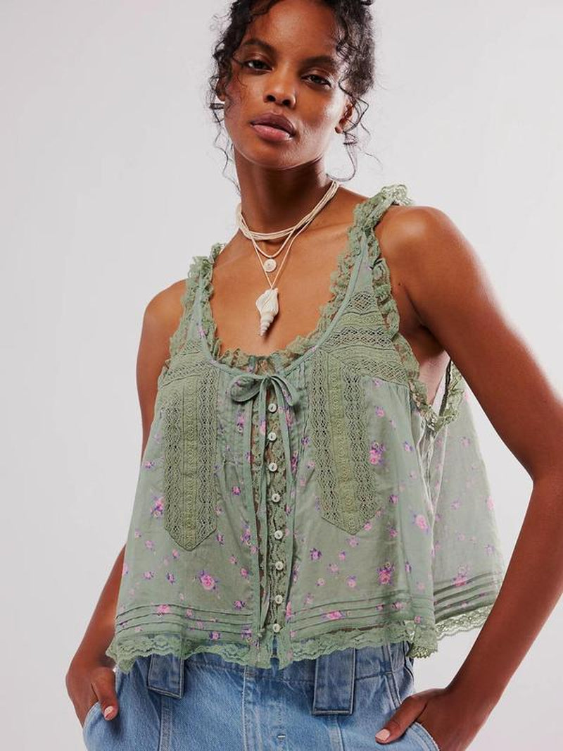 Women'S Plain Lace Trim Tie Front Tank Top, Casual Elegant Sleeveless Top for Spring & Fall, Ladies Clothes for Daily Wear