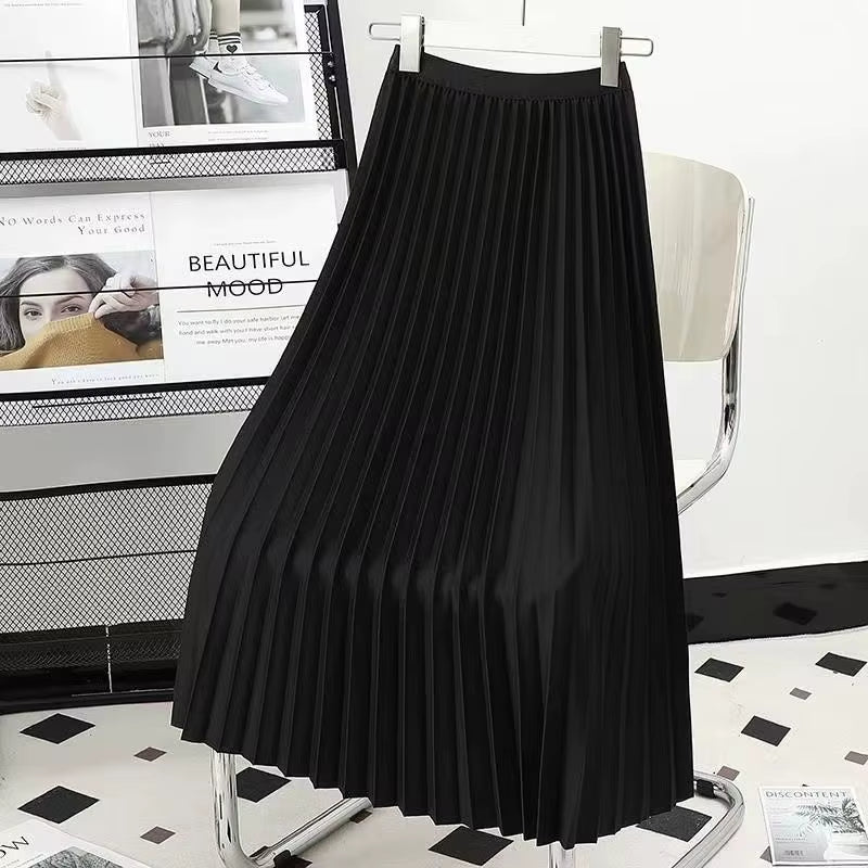 Pleated Skirts Women 2023 Autumn New Korean Fashion Vintage Solid a Line Skirt for Lady Chic Elegant Midi Skirt