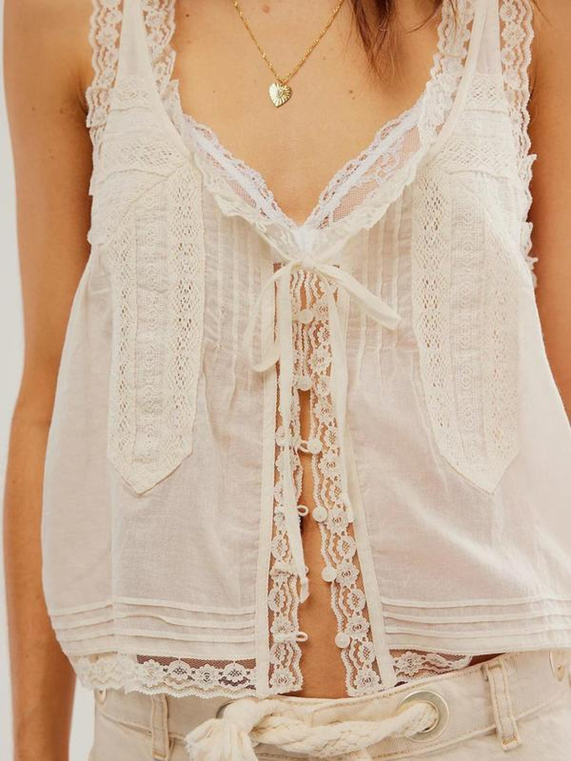 Women'S Plain Lace Trim Tie Front Tank Top, Casual Elegant Sleeveless Top for Spring & Fall, Ladies Clothes for Daily Wear
