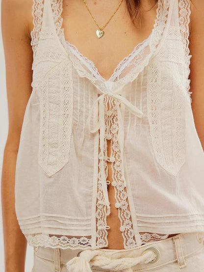 Women'S Plain Lace Trim Tie Front Tank Top, Casual Elegant Sleeveless Top for Spring & Fall, Ladies Clothes for Daily Wear
