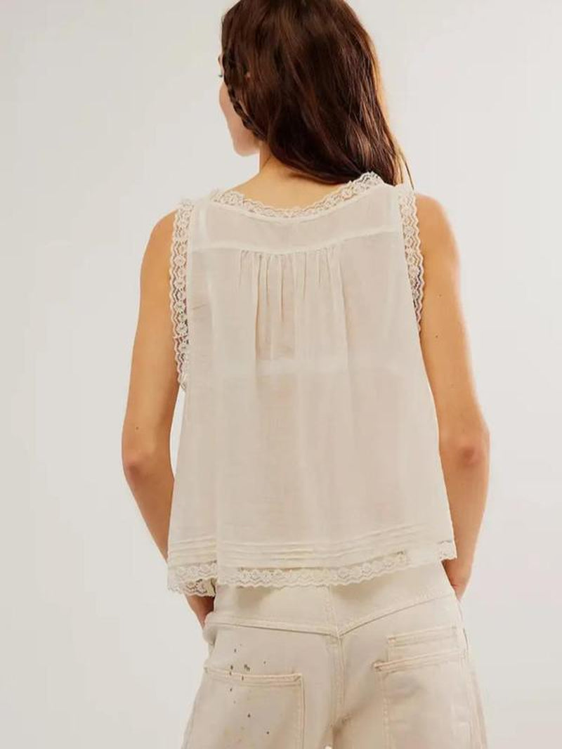 Women'S Plain Lace Trim Tie Front Tank Top, Casual Elegant Sleeveless Top for Spring & Fall, Ladies Clothes for Daily Wear