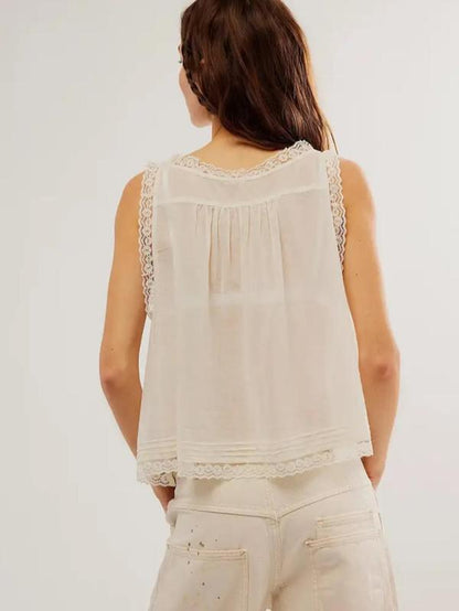 Women'S Plain Lace Trim Tie Front Tank Top, Casual Elegant Sleeveless Top for Spring & Fall, Ladies Clothes for Daily Wear